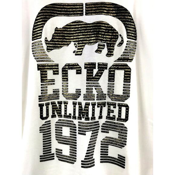 Ecko Unltd Mens M White T-Shirt w Black Rubber Gold Graphic Logo Print Sz Medium - Picture 4 of 6